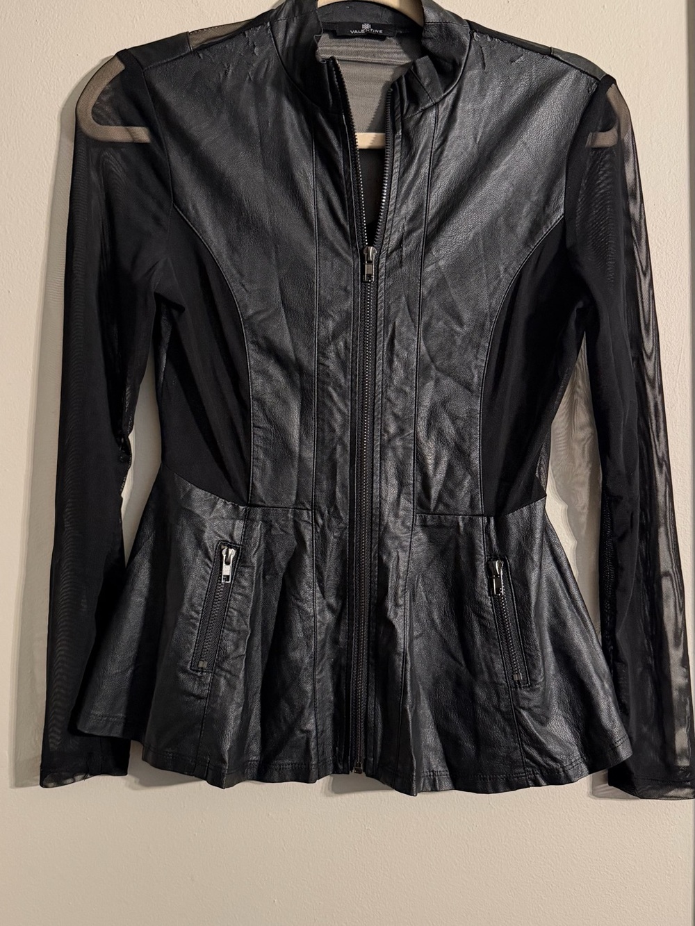 Valentine Black Faux Leather Peplum Jacket Mesh Illusion Long Sleeve Zip Front